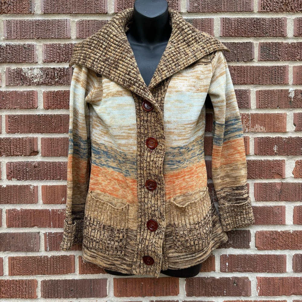 Fashion Import brown tones Colorblock Vintage Knit Cardigan Sweater Size M - Picture 1 of 8